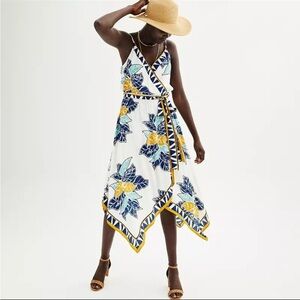 Nine West NET Blue & Mustard Belted Sleeveless V Neck MIDI Dress XL